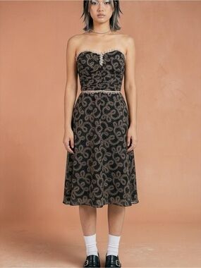 Anna Sui Vintage Y2K 100% Silk Strapless Smocked Paisley Dress Whimsygoth Size 6